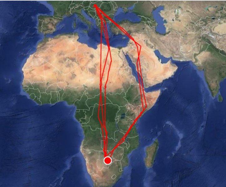 A 2016-ban jelölt eleven útja és február végi tartózkodási helye (Forrás: http://satellitetracking.eu)