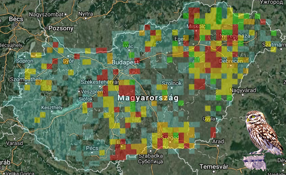 A 2016. évi kuvik adatok eloszlása a MAP adatbázisában (Forrás: MME).