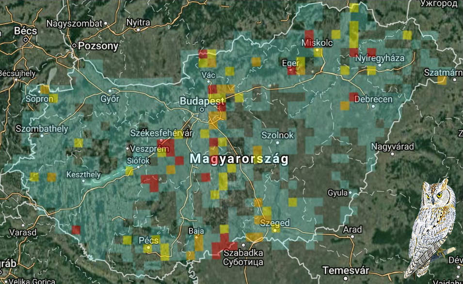 A 2016. évi füleskuvik adatok eloszlása a MAP adatbázisában (Forrás: MME).