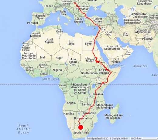 "Keszi" útja fészkétől Dél-Afrikáig (Forrás: satellitteracking.eu).