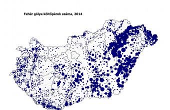 A fészkelő fehérgólya-állomány területi eloszlása Magyarországon a 2014. évi felmérés adatai alapján (Forrás: MME Monitoring Központ).